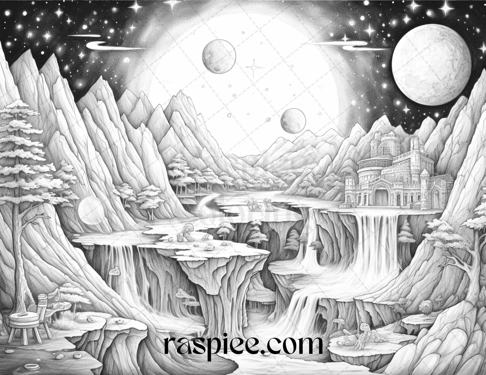 55 Celestial Landscapes Grayscale Coloring Pages Printable for Adults, PDF File Instant Download