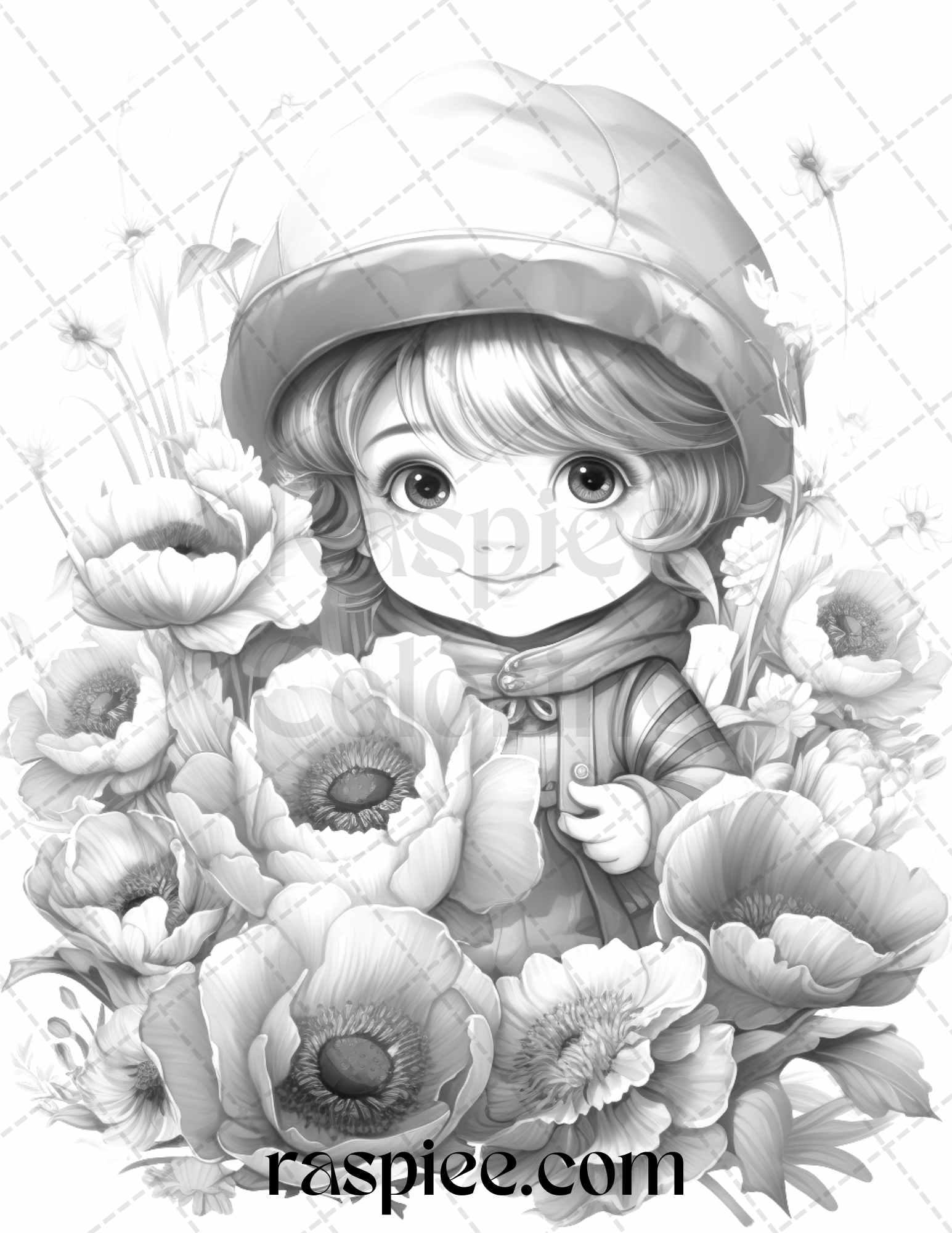 50 Flower Gnomes Grayscale Coloring Pages Printable for Adults Kids, PDF File Instant Download