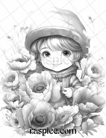 50 Flower Gnomes Grayscale Coloring Pages Printable for Adults Kids, PDF File Instant Download