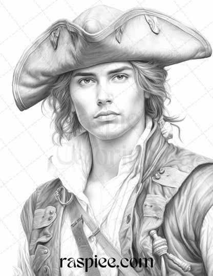 60 Pirate Life Grayscale Coloring Pages Printable for Adults, Stress Relief Coloring, PDF File Instant Download