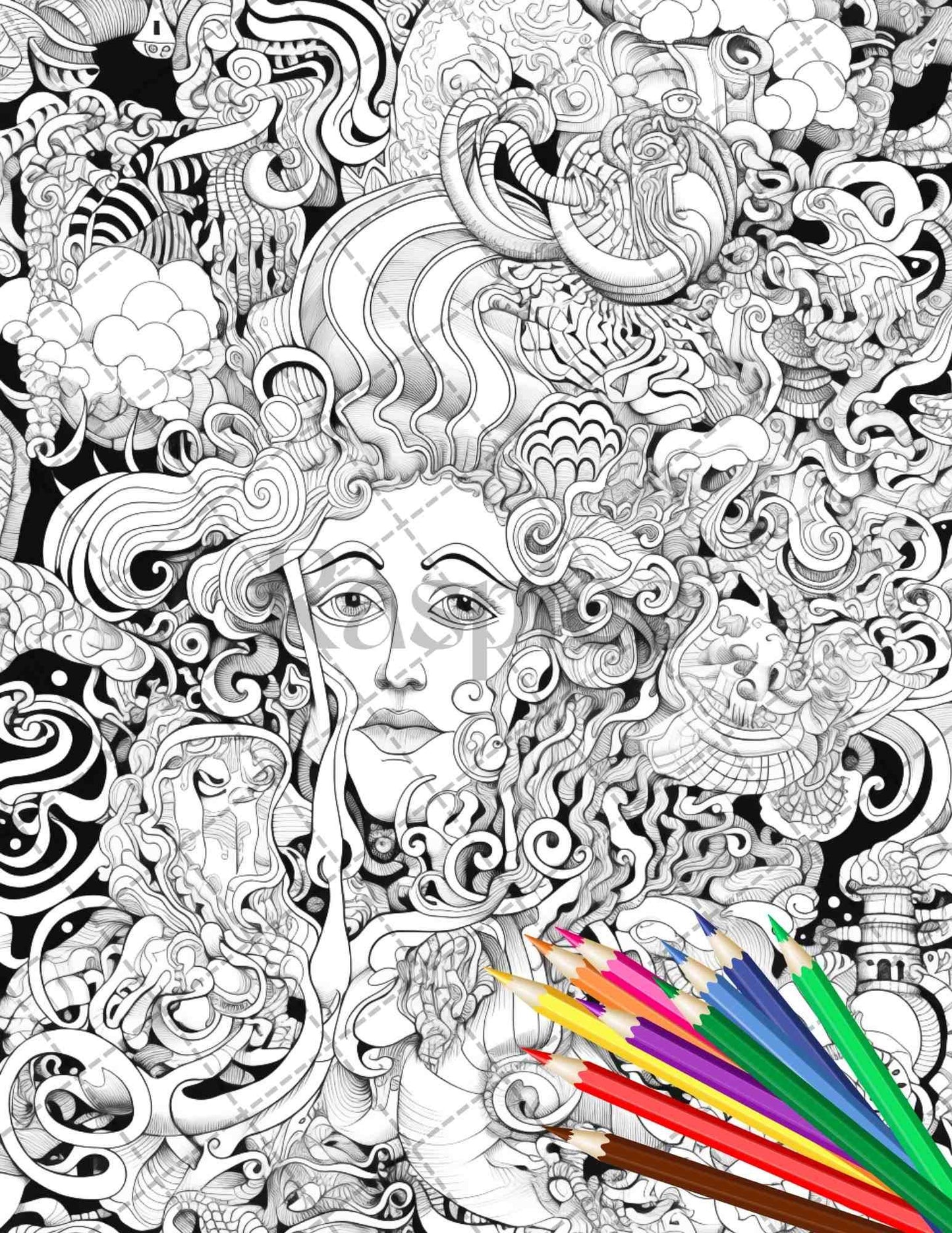 Psychedelic Trippy Coloring Book Printable for Adults, Grayscale Coloring Page, PDF File Instant Download