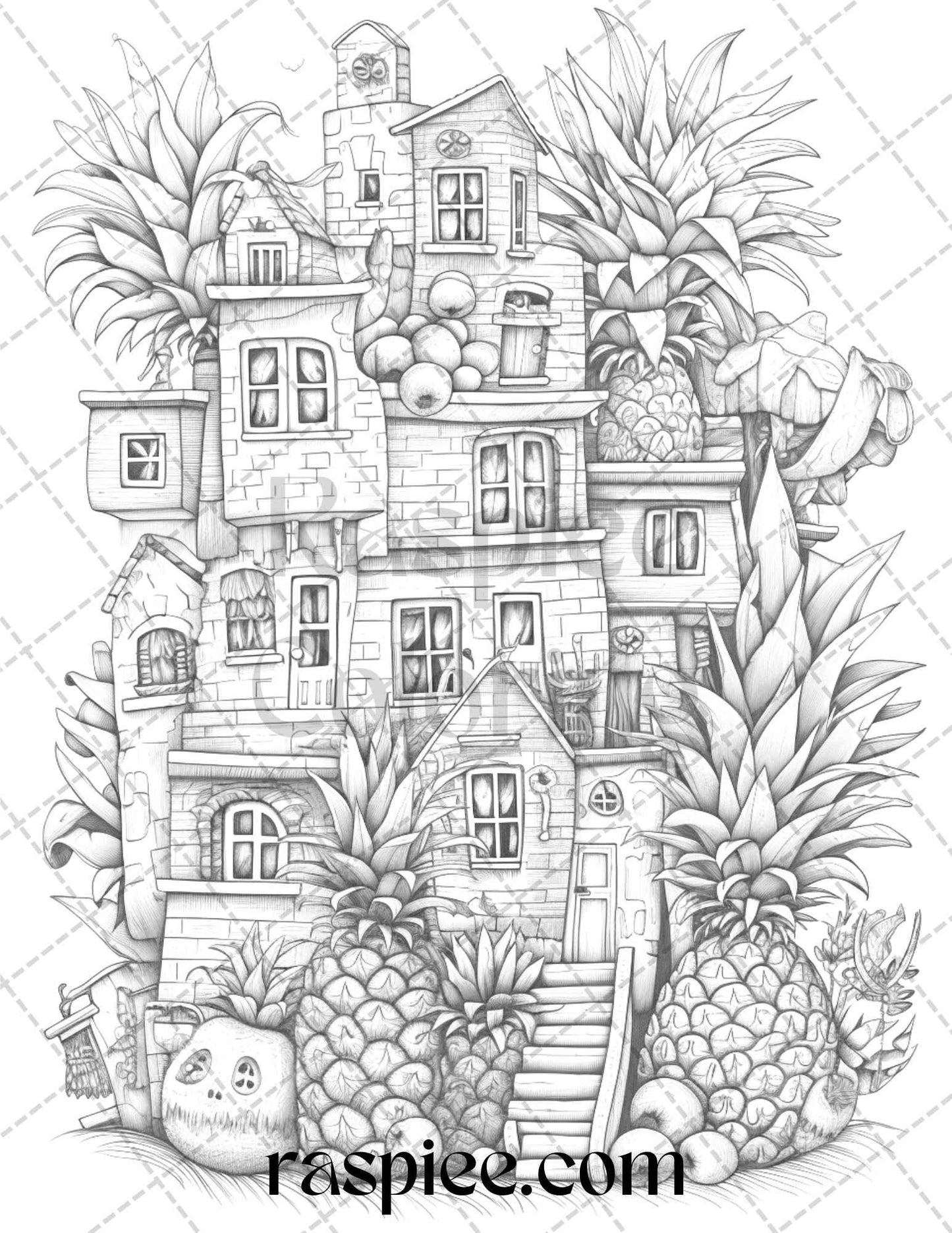 50 Pineapple Houses Grayscale Coloring Pages Printable for Adults, PDF File Instant Download
