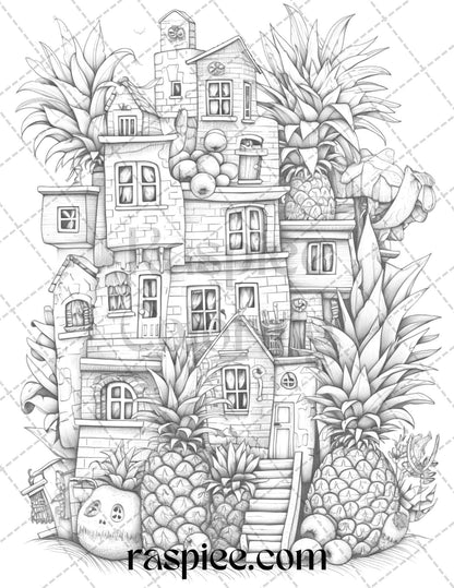 50 Pineapple Houses Grayscale Coloring Pages Printable for Adults, PDF File Instant Download