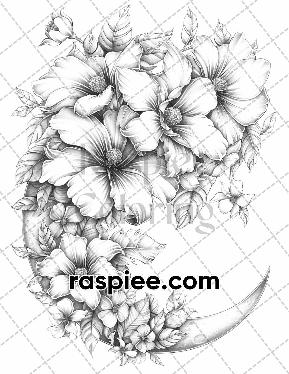 60 Boho Moon Floral Grayscale Adult Coloring Pages Printable PDF Instant Download