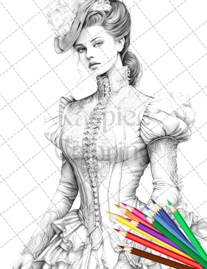 50 Victorian Fashion Grayscale Coloring Pages Printable for Adults, PDF File Instant Download