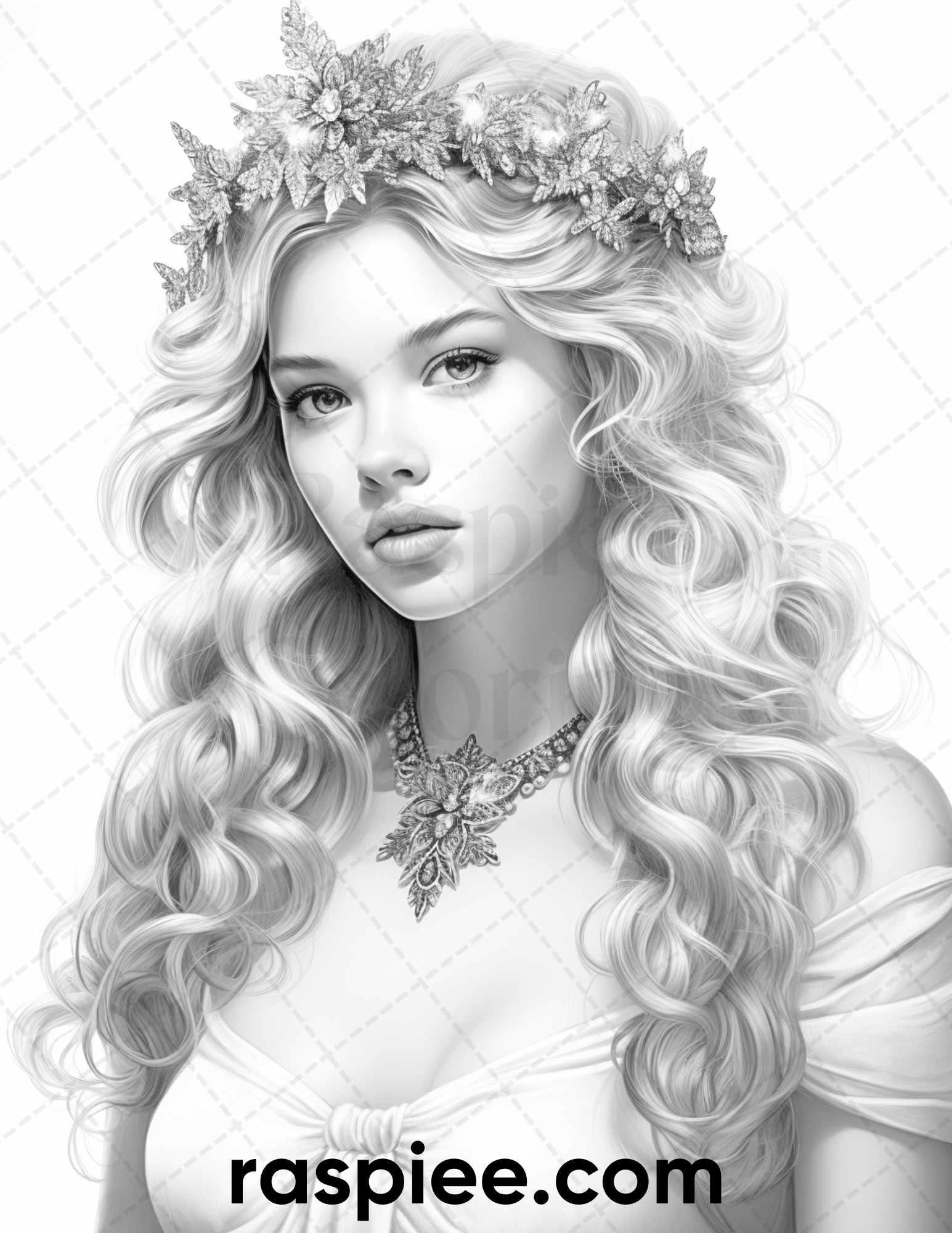 50 Winter Queens Portrait Grayscale Coloring Pages Printable for Adults, PDF File Instant Download