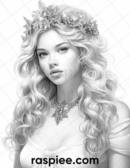50 Winter Queens Portrait Grayscale Coloring Pages Printable for Adults, PDF File Instant Download