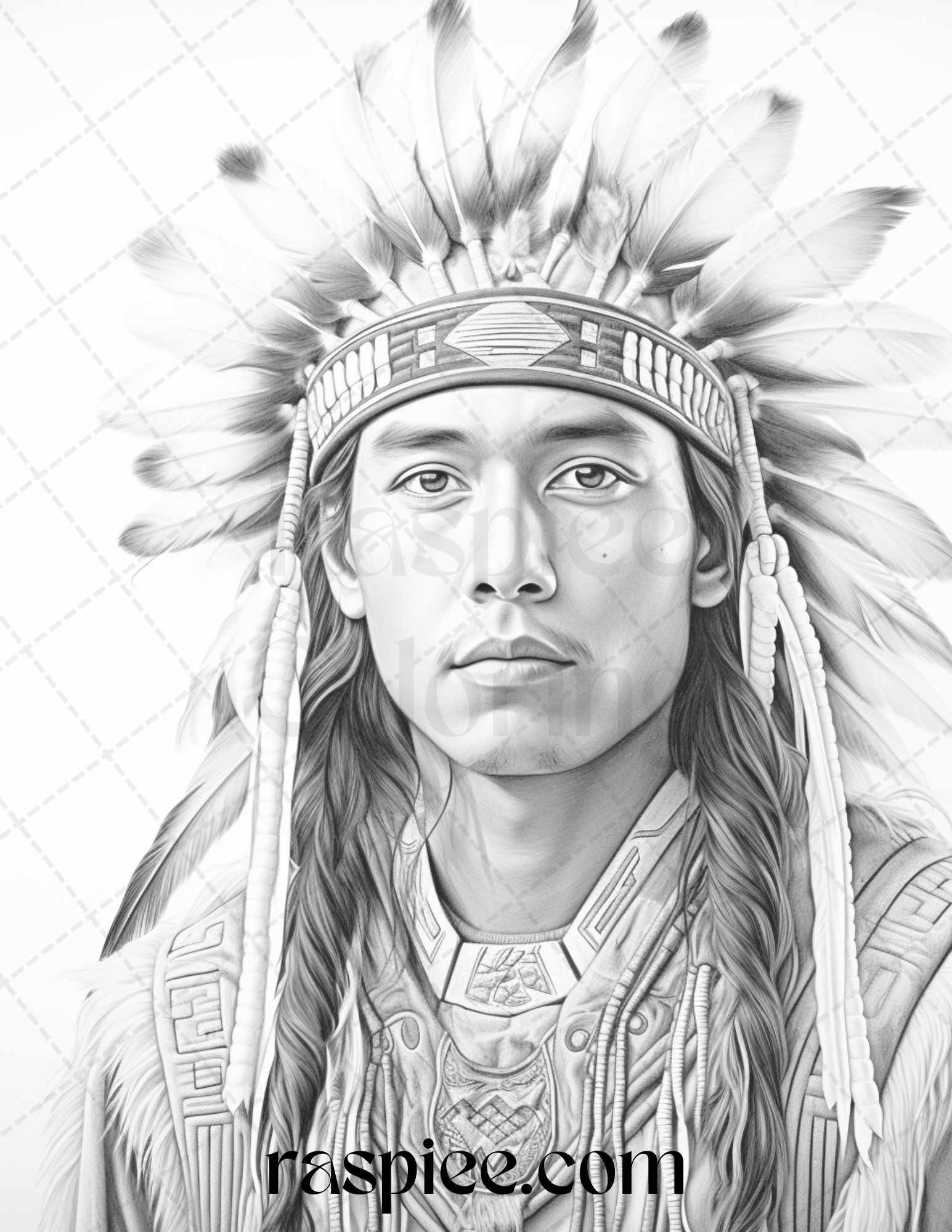 Native American Portrait Grayscale Coloring Pages Printable for Adults, PDF File Instant Download