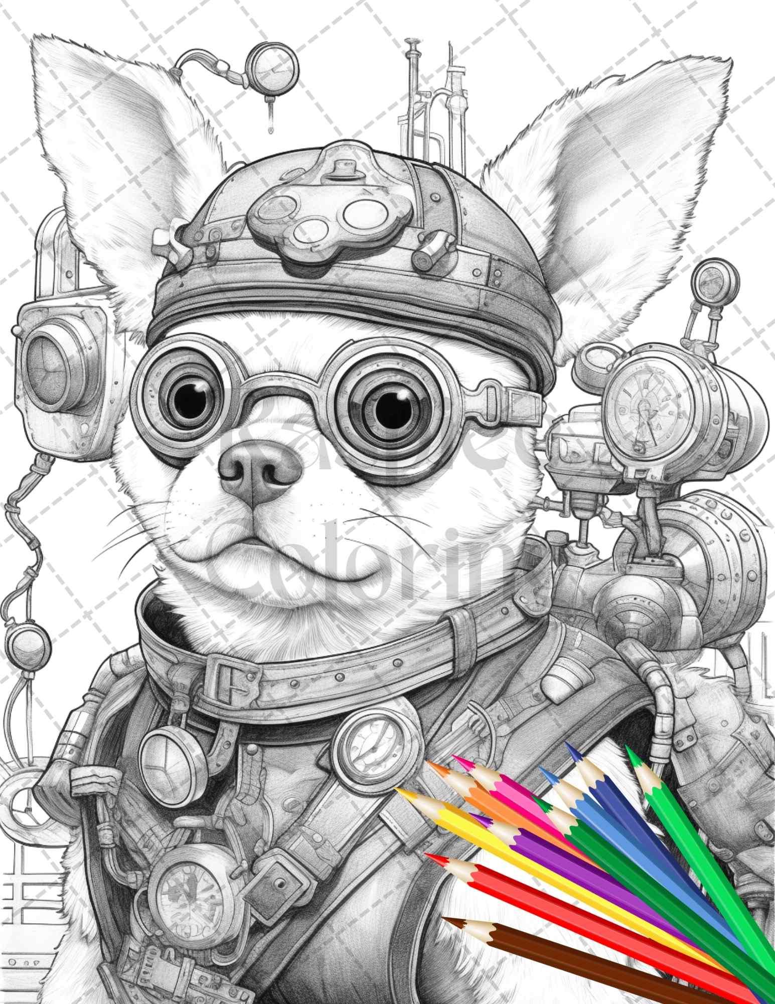 60 Steampunk Animals Grayscale Coloring Pages Printable for Adults, PDF File Instant Download