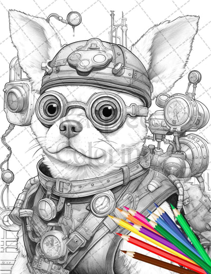 60 Steampunk Animals Grayscale Coloring Pages Printable for Adults, PDF File Instant Download