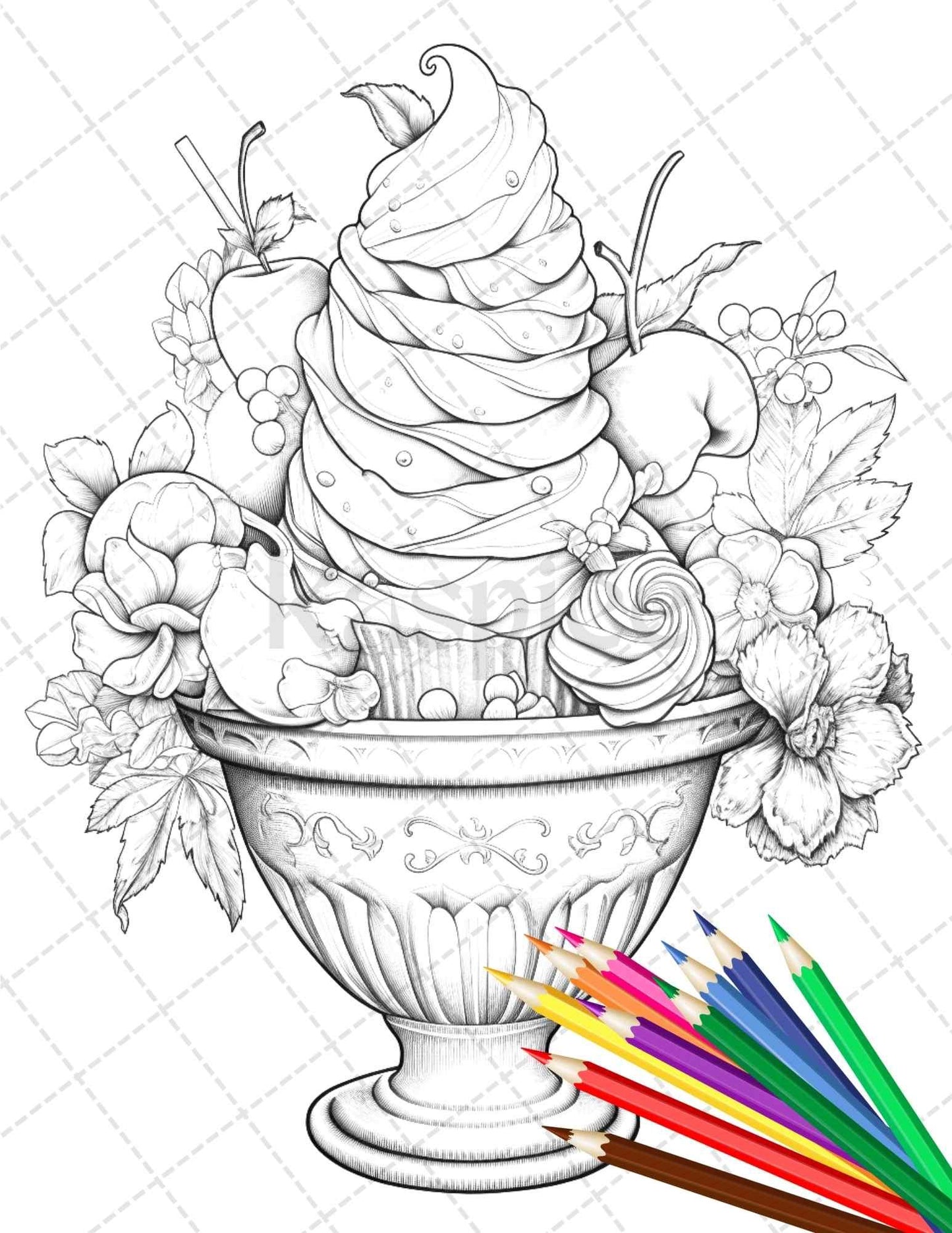 52 Printable Ice Cream Desserts Coloring Pages for Adults and Kids, Grayscale Coloring Page, PDF File Instant Download