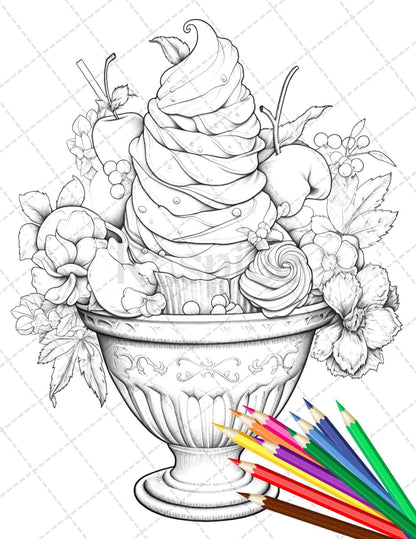 52 Printable Ice Cream Desserts Coloring Pages for Adults and Kids, Grayscale Coloring Page, PDF File Instant Download