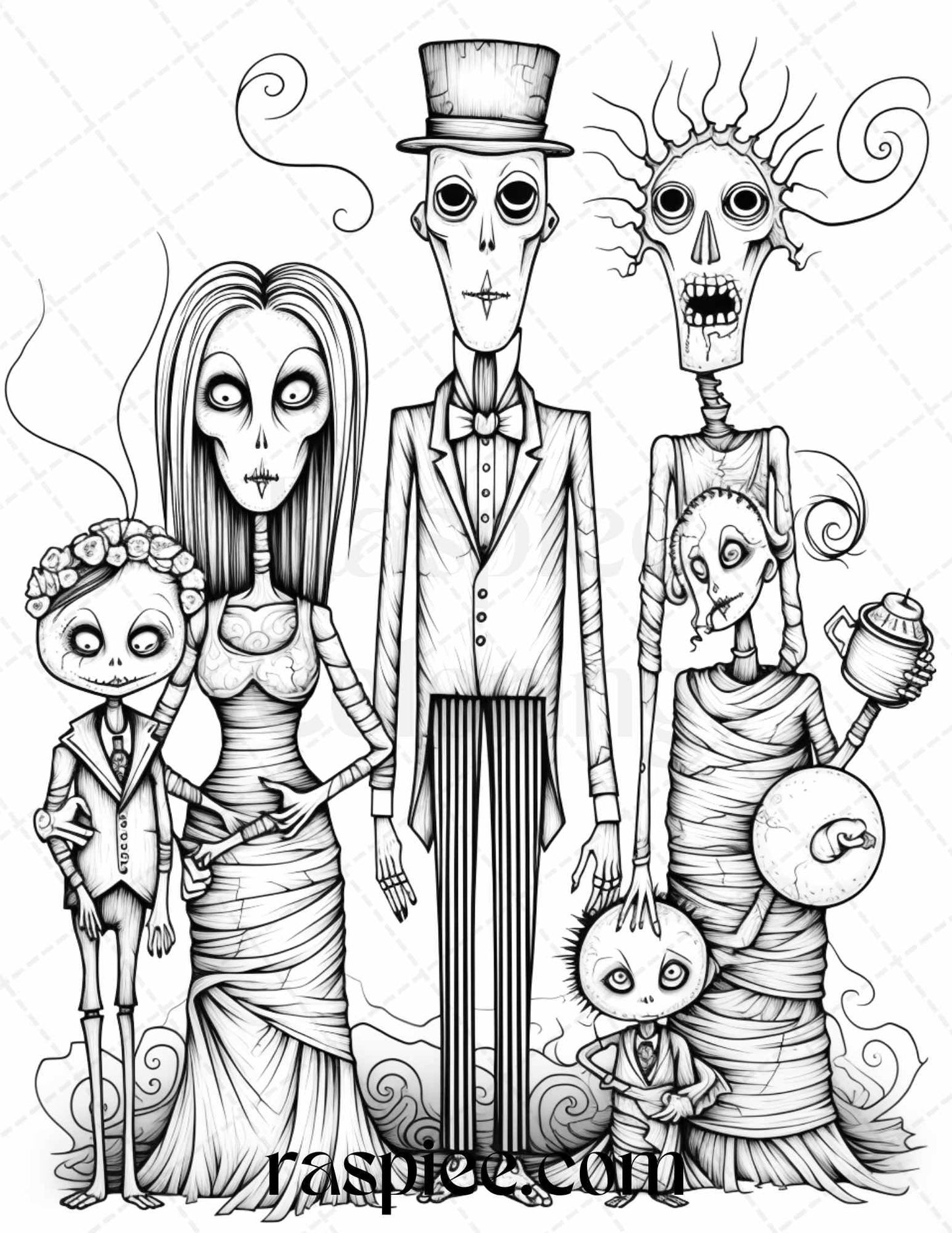 50 Monster Family Grayscale Coloring Pages Printable for Adults - Instant Download, Halloween Coloring Book, Fun and Spooky Designs