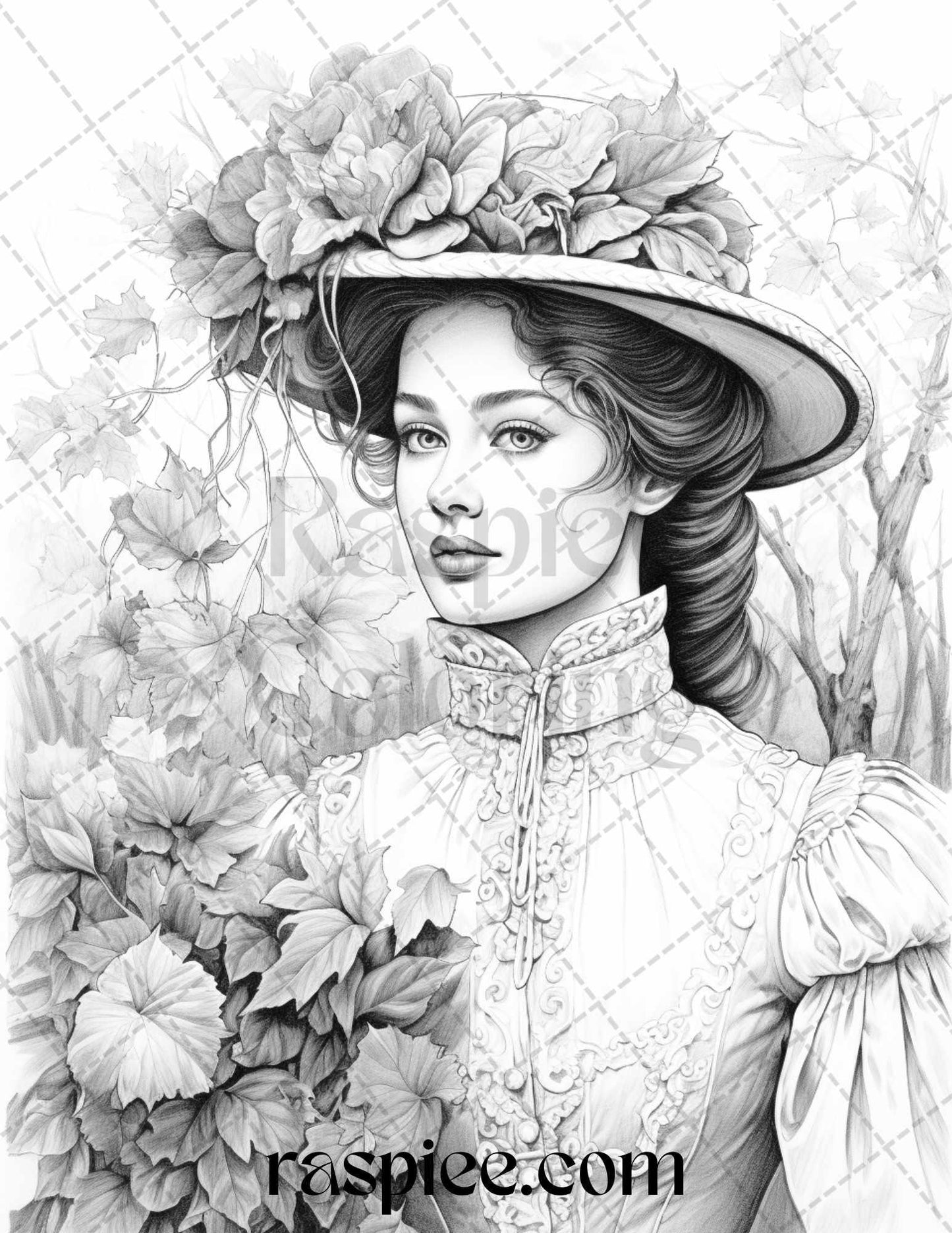 60 Victorian Autumn Portrait Grayscale Coloring Pages Printable for Adults, PDF File Instant Download