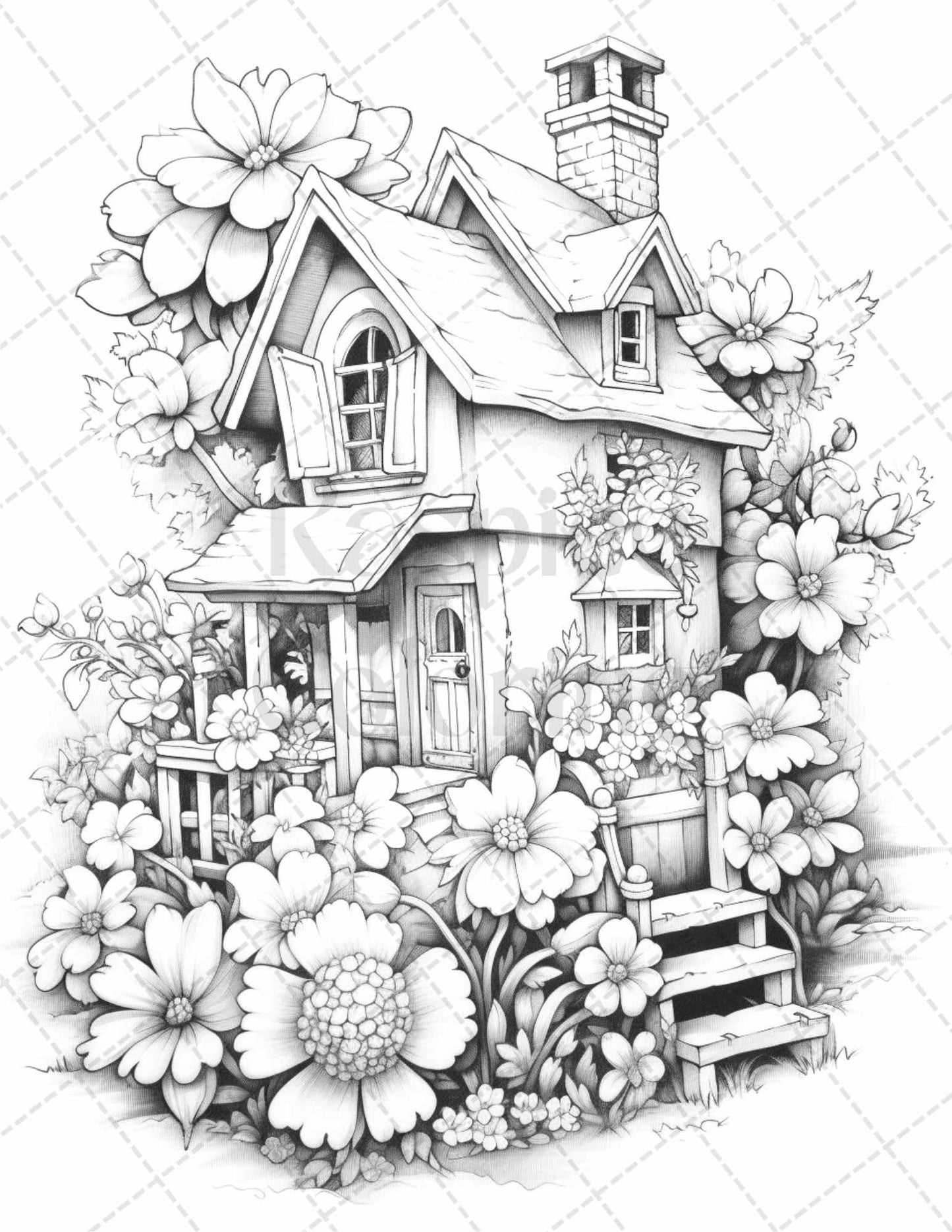 60 Flower Houses Grayscale Coloring Pages Printable for Adults, PDF File Instant Download