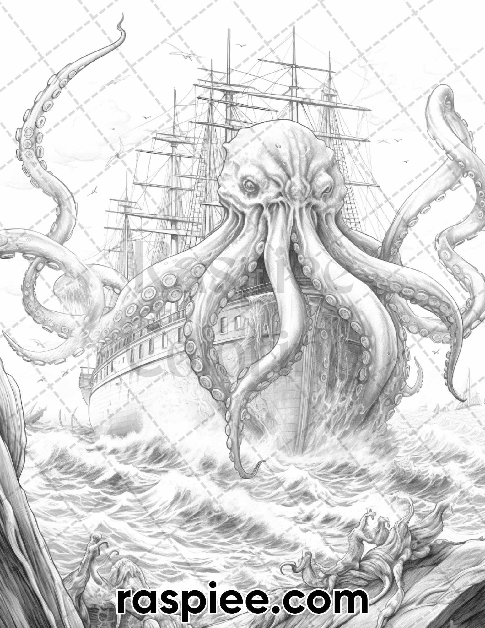 60 Mythical Creatures Grayscale Coloring Pages for Adults, Printable PDF Instant Download