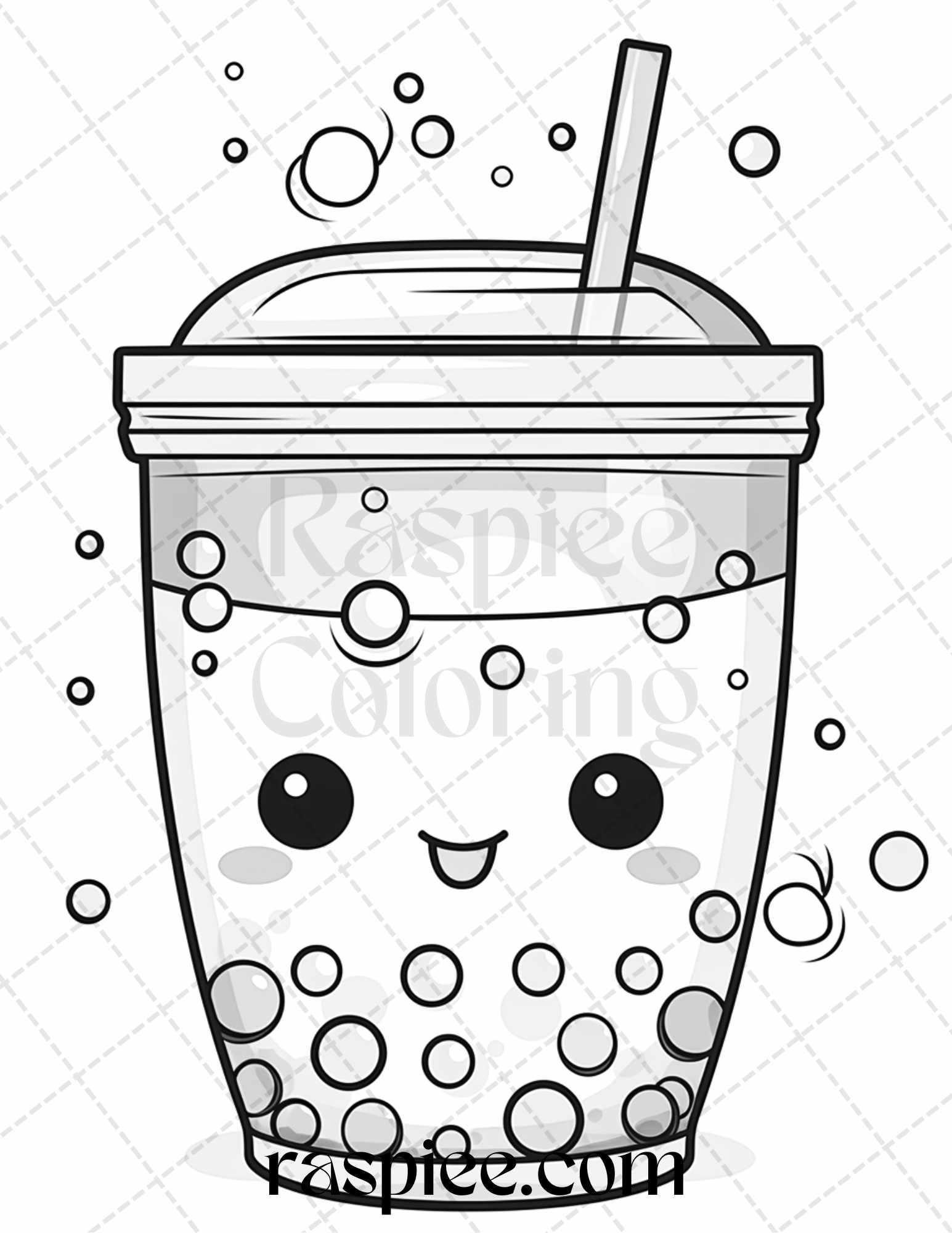 50 Cute Kawaii Boba Tea Grayscale Coloring Pages for Adults and Kids, Printable PDF File Instant Download
