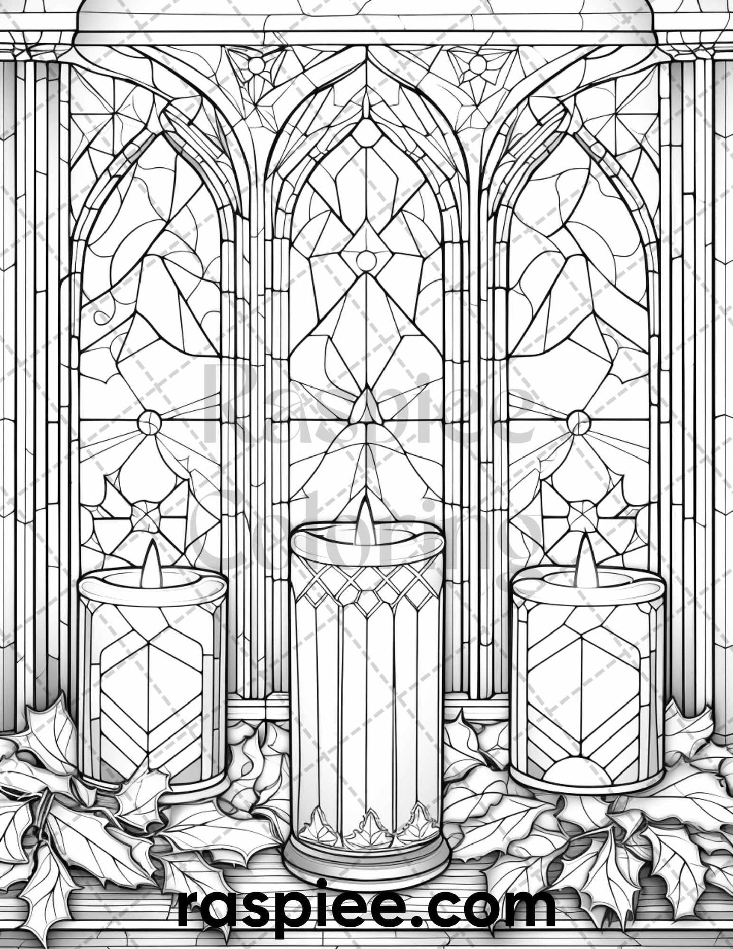 50 Christmas Stained Glass Grayscale Coloring Pages for Adults, Printable PDF File Instant Download
