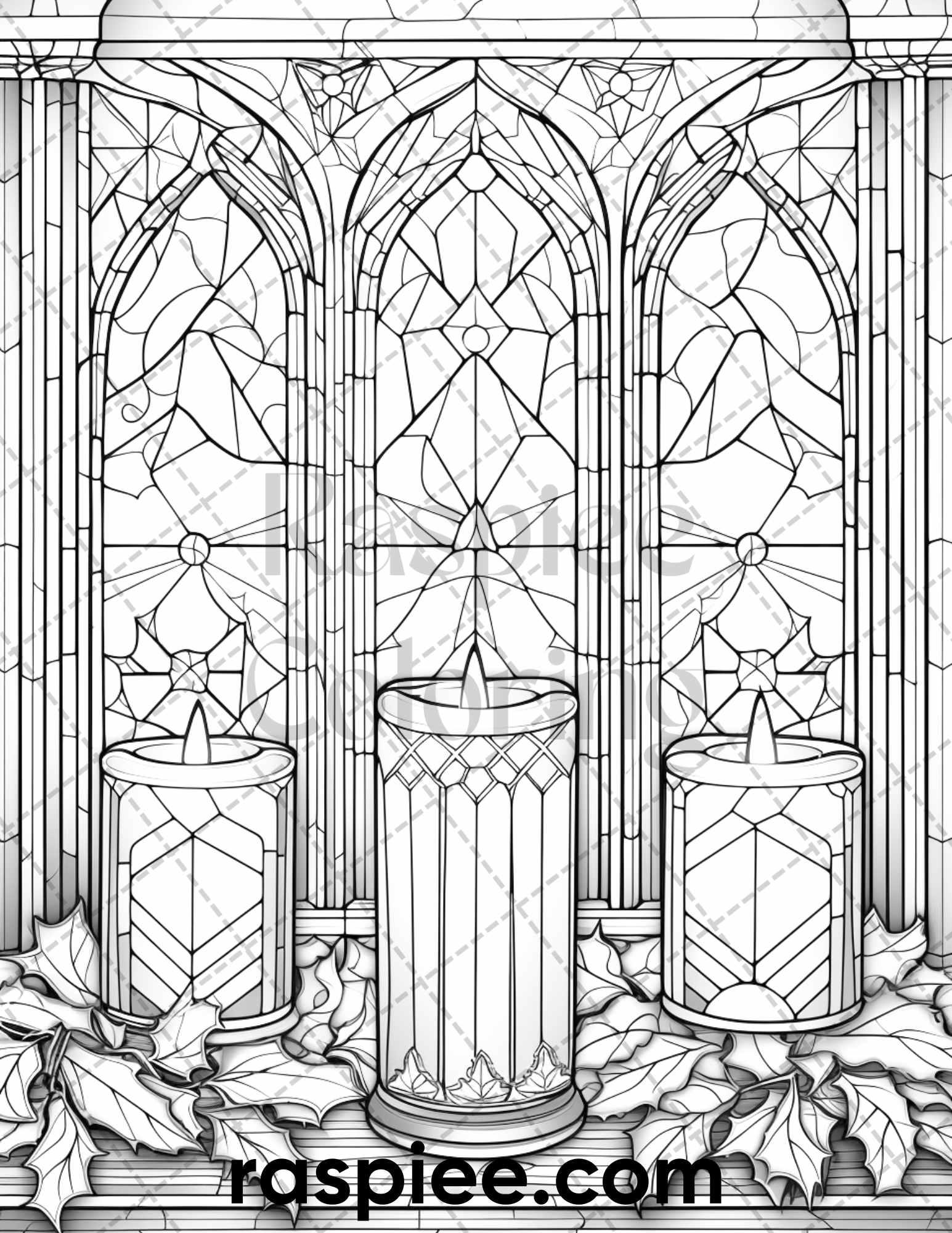 50 Christmas Stained Glass Grayscale Coloring Pages for Adults, Printable PDF File Instant Download