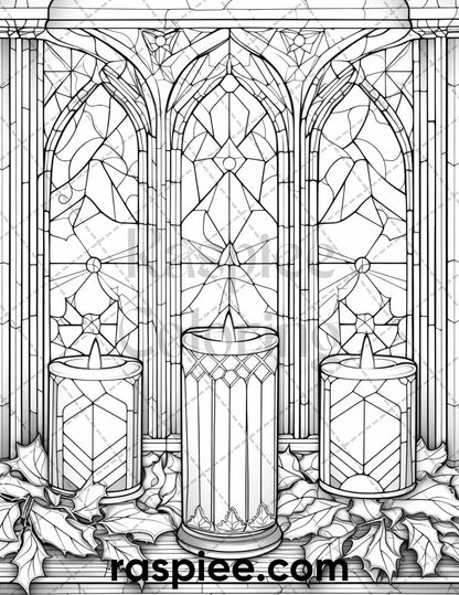 50 Christmas Stained Glass Grayscale Coloring Pages for Adults, Printable PDF File Instant Download