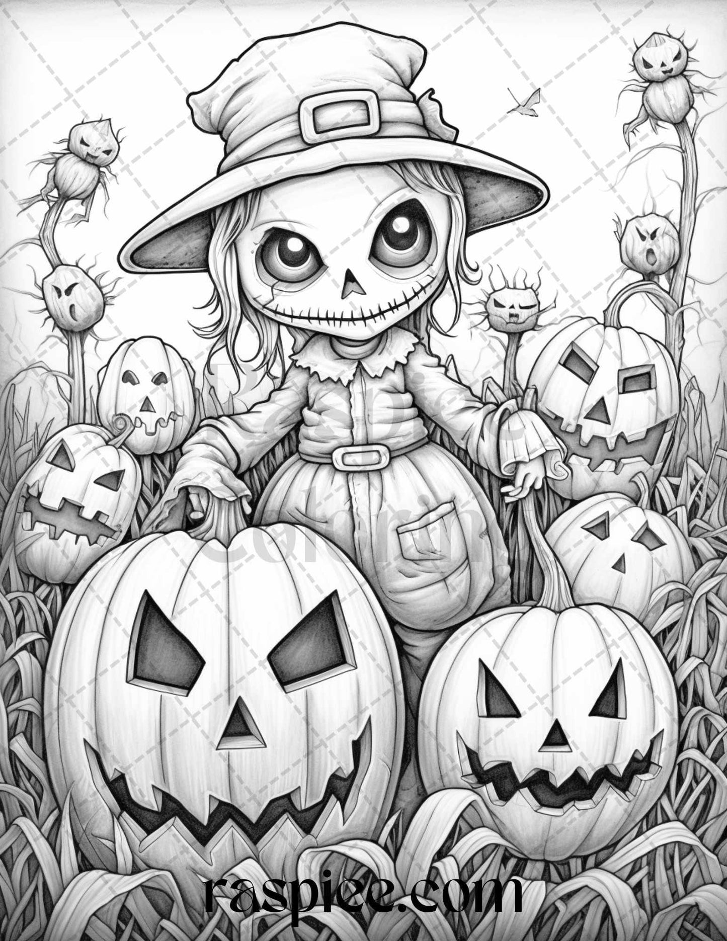 50 Halloween Scarecrows Grayscale Coloring Pages Printable for Adults, PDF File Instant Download
