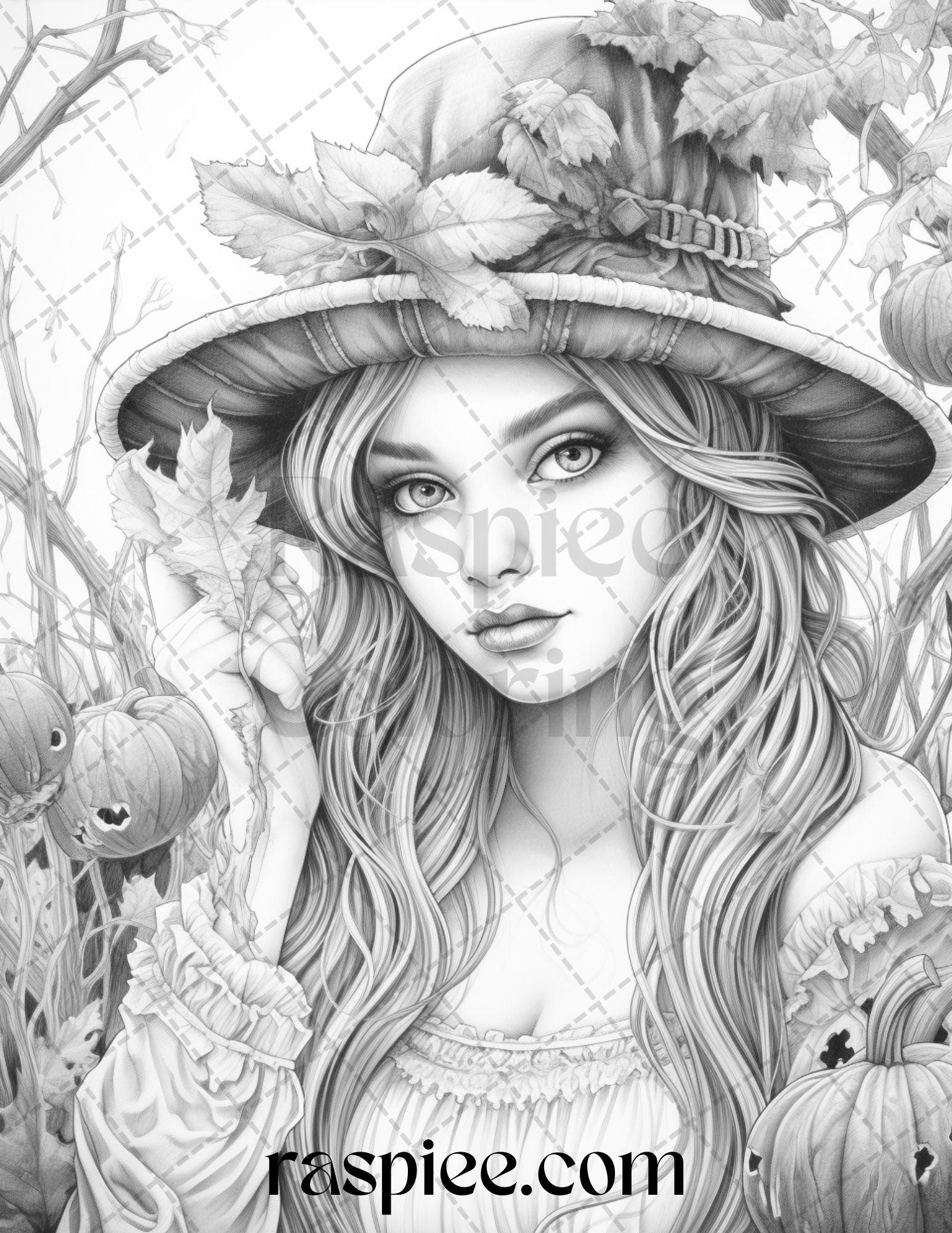 55 Halloween Girls Grayscale Coloring Pages Printable for Adults, PDF File Instant Download