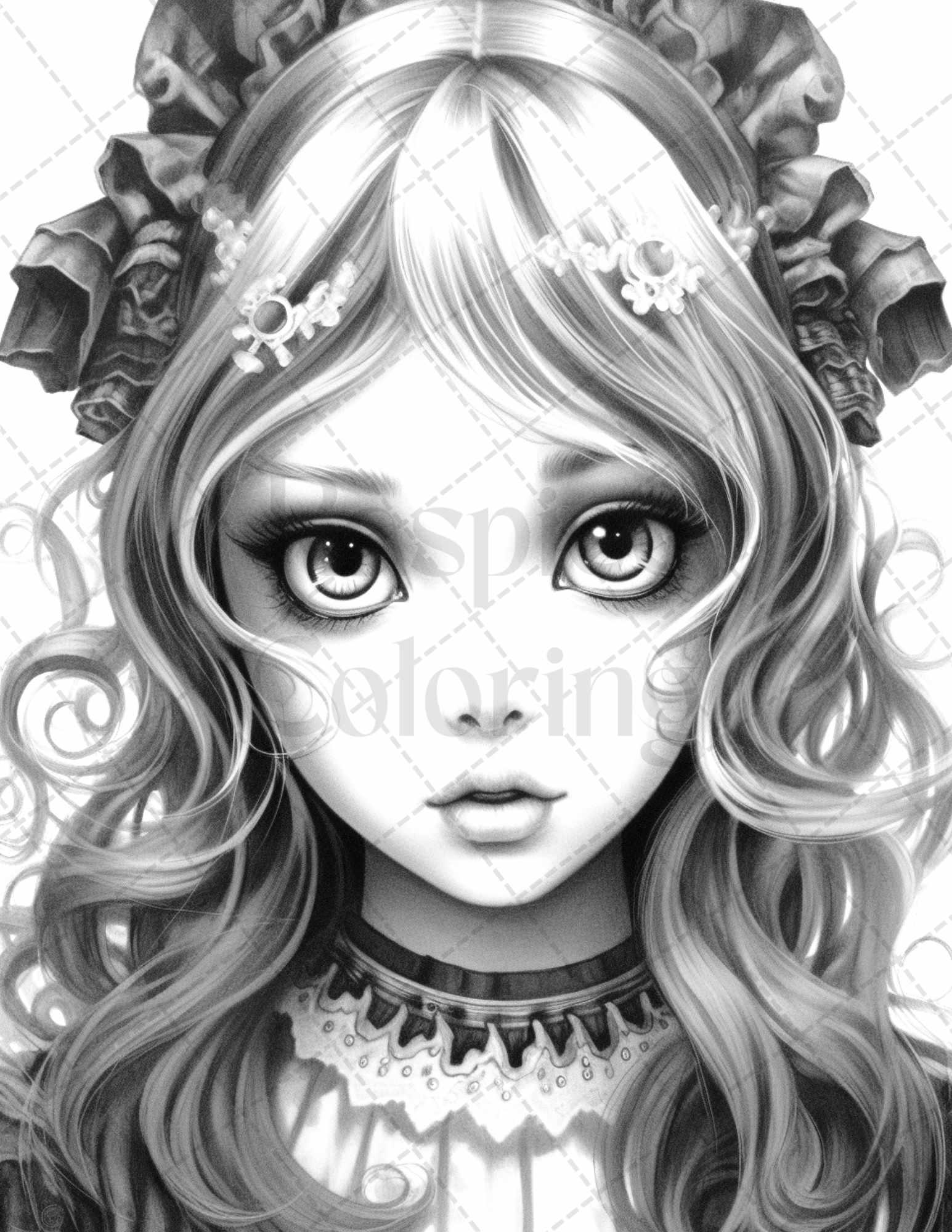 60 Adorable Gothic Girls Grayscale Coloring Pages Printable for Adults, PDF File Instant Download
