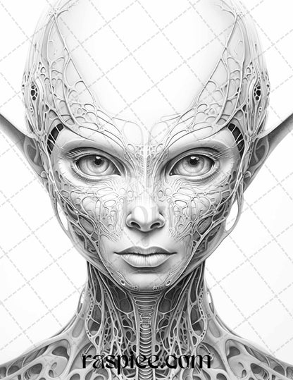 65 Alien Portrait Grayscale Coloring Pages for Adults, Printable PDF File Instant Download