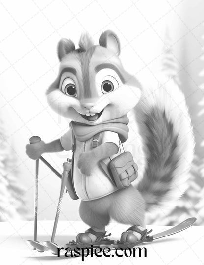 52 Adorable Squirrels Grayscale Coloring Pages Printable for Adults Kids, PDF File Instant Download
