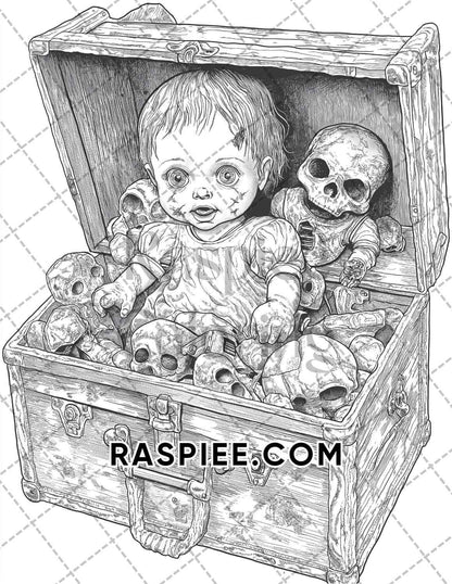 Haunted Dolls Halloween Horror Adult Coloring Pages Printable PDF Instant Download