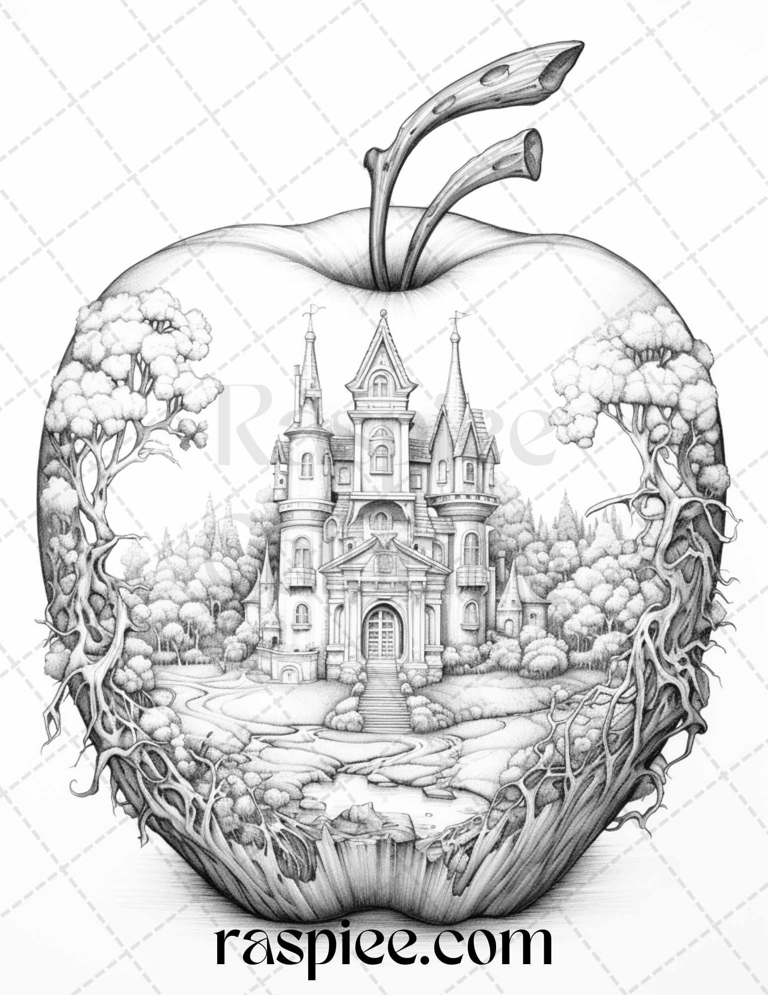 60 Miniworld in the Apple Grayscale Coloring Pages Printable for Adults, PDF File Instant Download