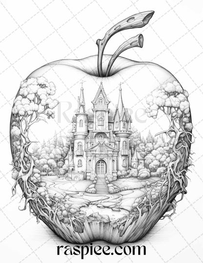 60 Miniworld in the Apple Grayscale Coloring Pages Printable for Adults, PDF File Instant Download