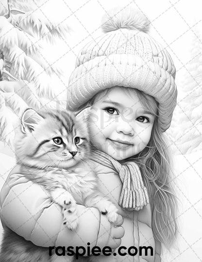 50 Baby Winter Portrait Grayscale Coloring Pages Printable for Adults, PDF File Instant Download
