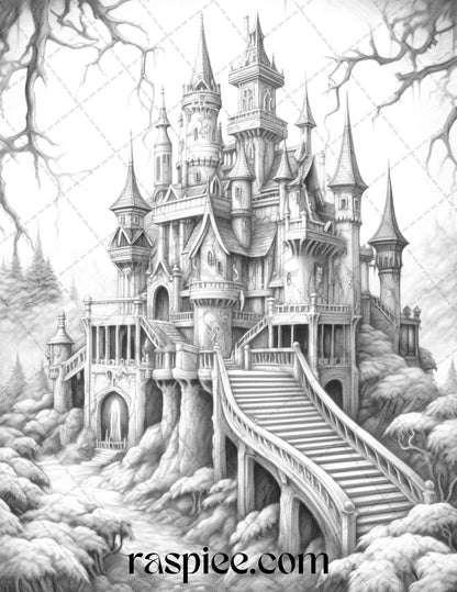 50 Haunted Castles Grayscale Coloring Pages Printable, Halloween Coloring Book, PDF File Instant Download