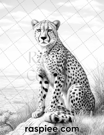 55 Wild Animals Grayscale Coloring Pages for Adults, Printable PDF Instant Download