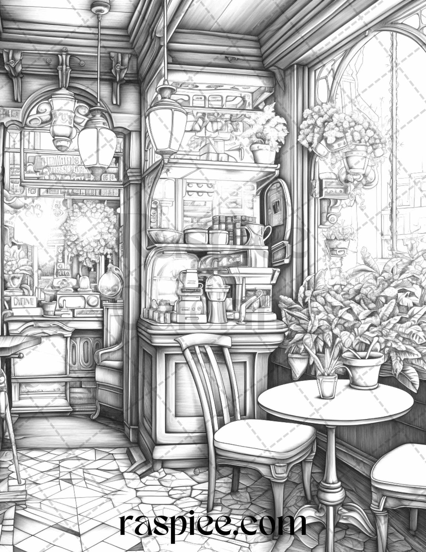 50 Cozy Coffee Shop Grayscale Coloring Pages Printable for Adults, PDF File Instant Download