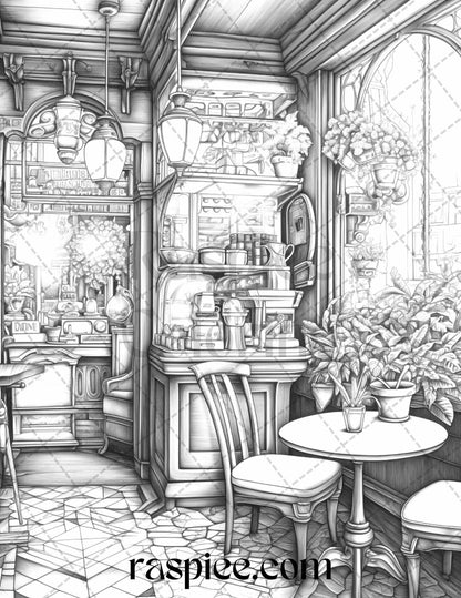 50 Cozy Coffee Shop Grayscale Coloring Pages Printable for Adults, PDF File Instant Download
