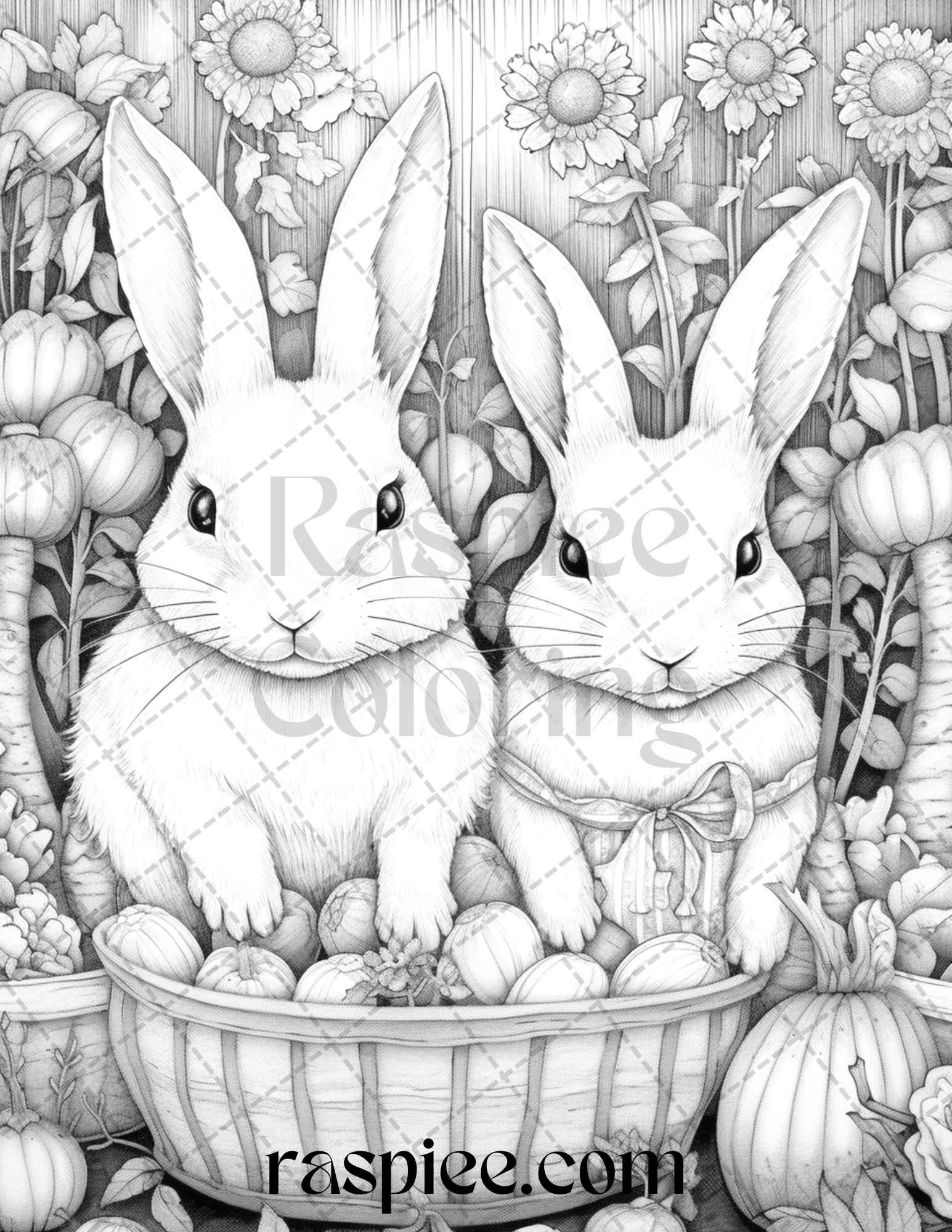 50 Rabbit Garden Grayscale Coloring Pages Printable for Adults, PDF File Instant Download