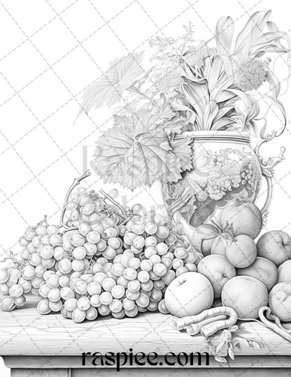 52 Still Life Grayscale Coloring Pages Printable for Adults, PDF File Instant Download