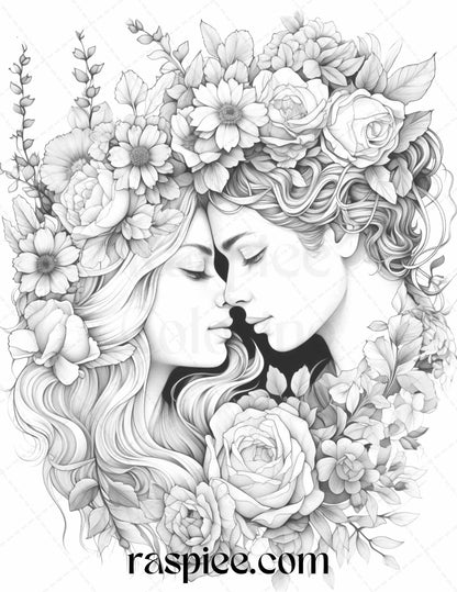 50 Romantic Couple Flowers Grayscale Coloring Pages Printable for Adults, PDF File Instant Download