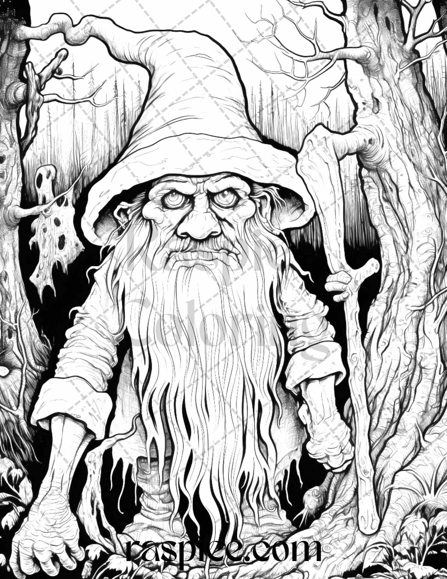 50 Horror Zombie Gnomes Grayscale Coloring Pages Printable for Adults, PDF File Instant Download