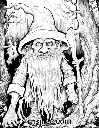 50 Horror Zombie Gnomes Grayscale Coloring Pages Printable for Adults, PDF File Instant Download