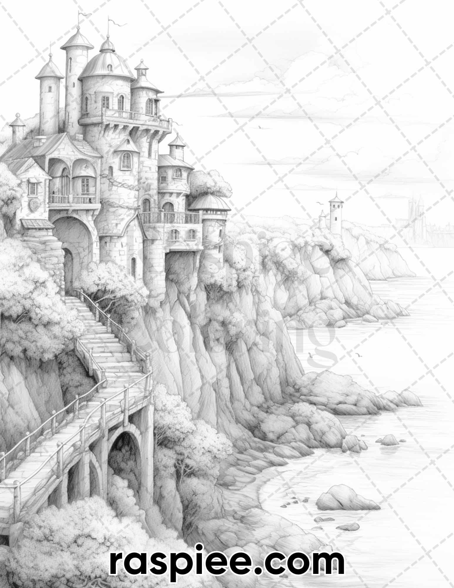 50 Fairy Beach Houses Grayscale Coloring Pages for Adults, Printable PDF Instant Download