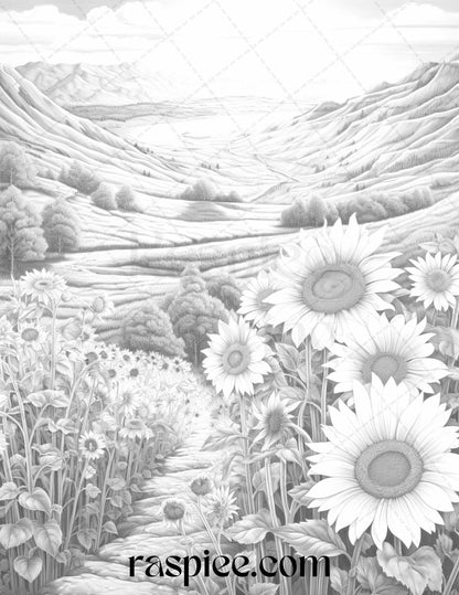 60 Mountain Flower Landscapes Grayscale Coloring Pages Printable for Adults, PDF File Instant Download