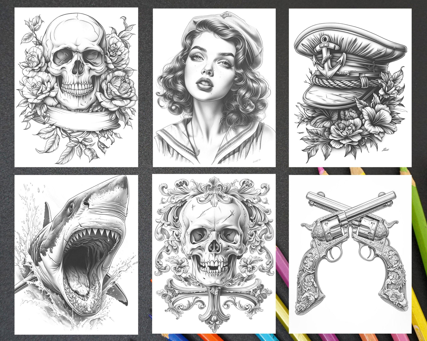 62 Classic American Tattoos Grayscale Adult Coloring Pages, Printable PDF Instant Download