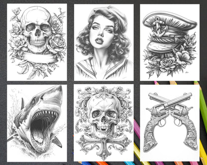 62 Classic American Tattoos Grayscale Adult Coloring Pages, Printable PDF Instant Download