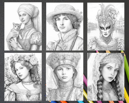 55 Renaissance Portraits Grayscale Adult Coloring Pages, Printable PDF Instant Download