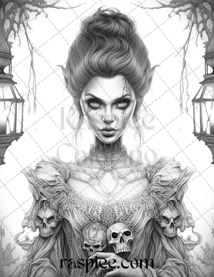60 Halloween Vampire Grayscale Coloring Pages Printable for Adults, PDF File Instant Download