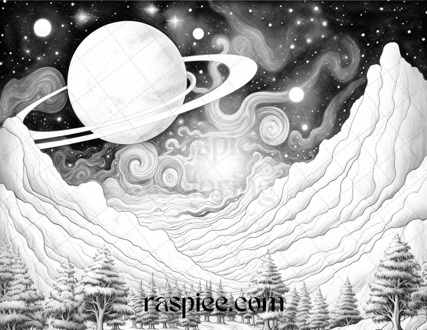 55 Celestial Landscapes Grayscale Coloring Pages Printable for Adults, PDF File Instant Download