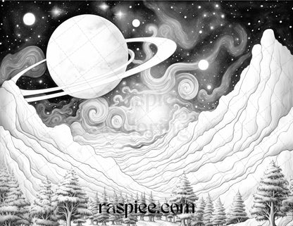 55 Celestial Landscapes Grayscale Coloring Pages Printable for Adults, PDF File Instant Download